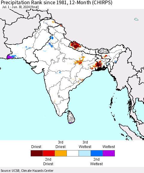 Southern Asia Precipitation Rank since 1981, 12-Month (CHIRPS) Thematic Map For 7/1/2023 - 6/30/2024