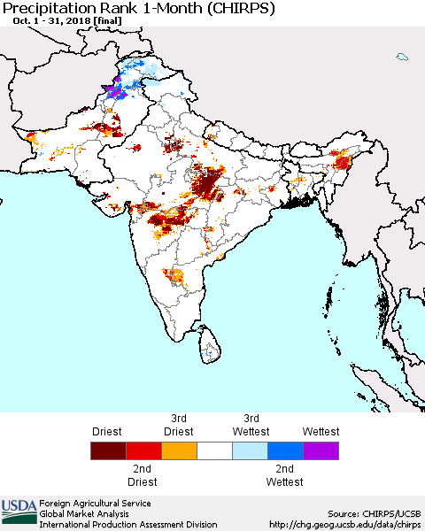 Southern Asia Precipitation Rank 1-Month (CHIRPS) Thematic Map For 10/1/2018 - 10/31/2018