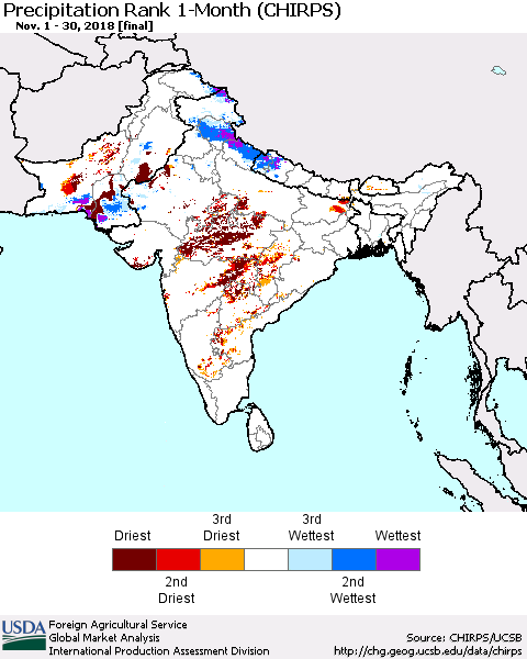 Southern Asia Precipitation Rank 1-Month (CHIRPS) Thematic Map For 11/1/2018 - 11/30/2018