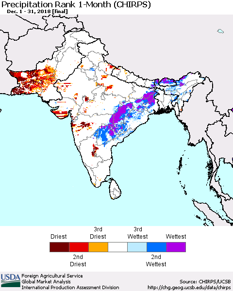 Southern Asia Precipitation Rank 1-Month (CHIRPS) Thematic Map For 12/1/2018 - 12/31/2018