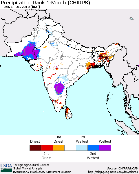 Southern Asia Precipitation Rank 1-Month (CHIRPS) Thematic Map For 1/1/2019 - 1/31/2019
