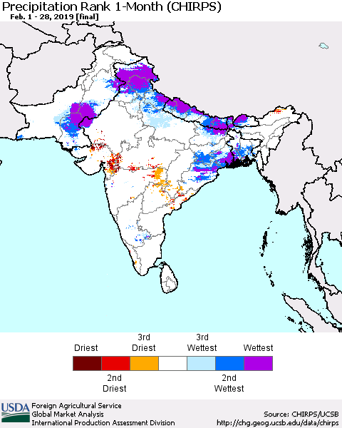 Southern Asia Precipitation Rank 1-Month (CHIRPS) Thematic Map For 2/1/2019 - 2/28/2019