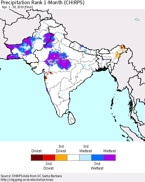 Southern Asia Precipitation Rank 1-Month (CHIRPS) Thematic Map For 4/1/2019 - 4/30/2019