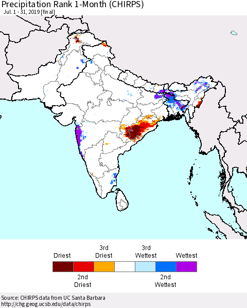 Southern Asia Precipitation Rank since 1981, 1-Month (CHIRPS) Thematic Map For 7/1/2019 - 7/31/2019
