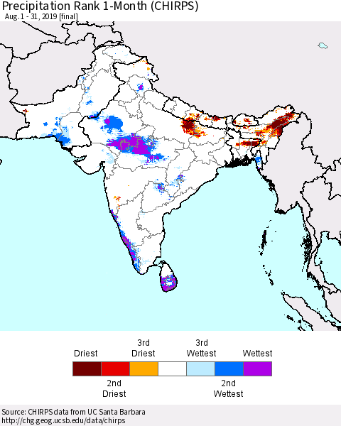 Southern Asia Precipitation Rank since 1981, 1-Month (CHIRPS) Thematic Map For 8/1/2019 - 8/31/2019