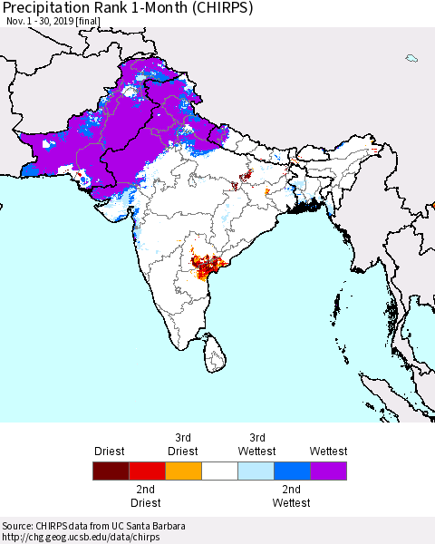 Southern Asia Precipitation Rank 1-Month (CHIRPS) Thematic Map For 11/1/2019 - 11/30/2019
