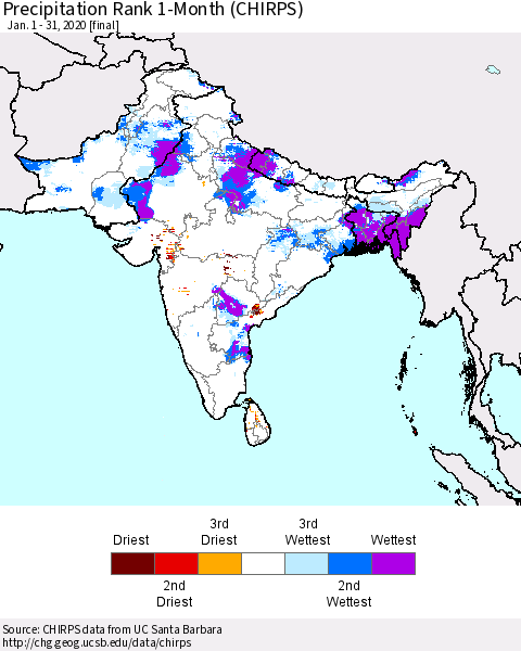Southern Asia Precipitation Rank since 1981, 1-Month (CHIRPS) Thematic Map For 1/1/2020 - 1/31/2020