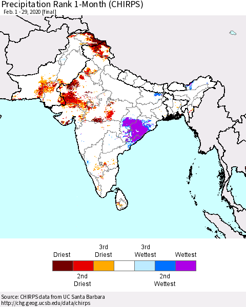 Southern Asia Precipitation Rank 1-Month (CHIRPS) Thematic Map For 2/1/2020 - 2/29/2020