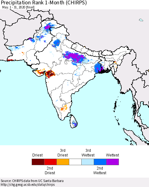 Southern Asia Precipitation Rank since 1981, 1-Month (CHIRPS) Thematic Map For 5/1/2020 - 5/31/2020