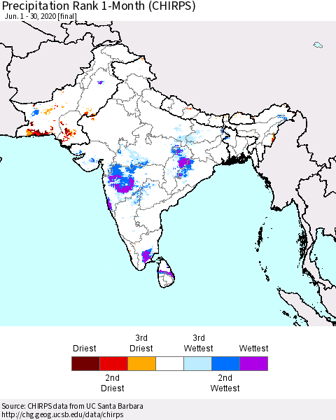 Southern Asia Precipitation Rank since 1981, 1-Month (CHIRPS) Thematic Map For 6/1/2020 - 6/30/2020