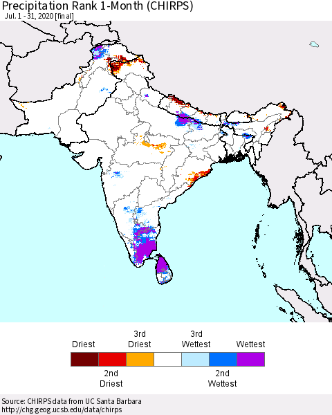 Southern Asia Precipitation Rank since 1981, 1-Month (CHIRPS) Thematic Map For 7/1/2020 - 7/31/2020