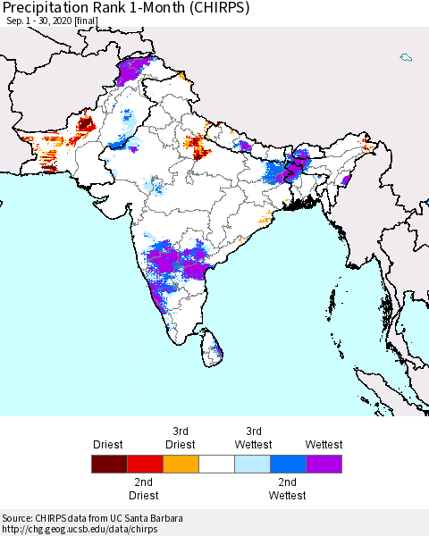Southern Asia Precipitation Rank since 1981, 1-Month (CHIRPS) Thematic Map For 9/1/2020 - 9/30/2020