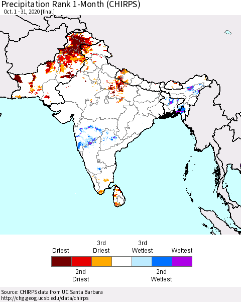 Southern Asia Precipitation Rank since 1981, 1-Month (CHIRPS) Thematic Map For 10/1/2020 - 10/31/2020