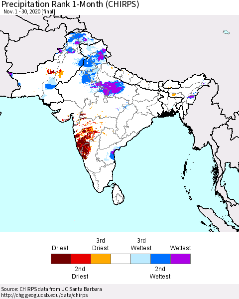 Southern Asia Precipitation Rank 1-Month (CHIRPS) Thematic Map For 11/1/2020 - 11/30/2020