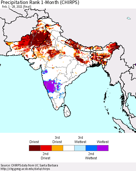 Southern Asia Precipitation Rank since 1981, 1-Month (CHIRPS) Thematic Map For 2/1/2021 - 2/28/2021