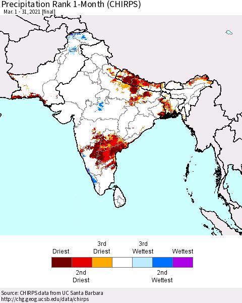 Southern Asia Precipitation Rank 1-Month (CHIRPS) Thematic Map For 3/1/2021 - 3/31/2021
