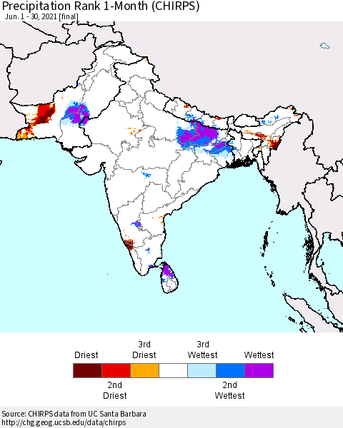 Southern Asia Precipitation Rank 1-Month (CHIRPS) Thematic Map For 6/1/2021 - 6/30/2021