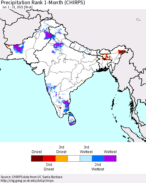 Southern Asia Precipitation Rank since 1981, 1-Month (CHIRPS) Thematic Map For 7/1/2021 - 7/31/2021