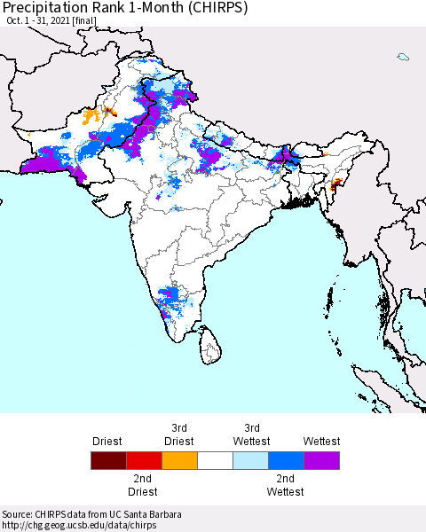 Southern Asia Precipitation Rank 1-Month (CHIRPS) Thematic Map For 10/1/2021 - 10/31/2021