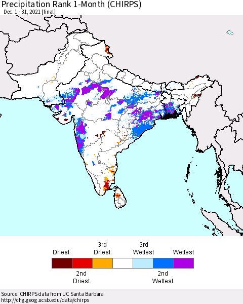 Southern Asia Precipitation Rank 1-Month (CHIRPS) Thematic Map For 12/1/2021 - 12/31/2021