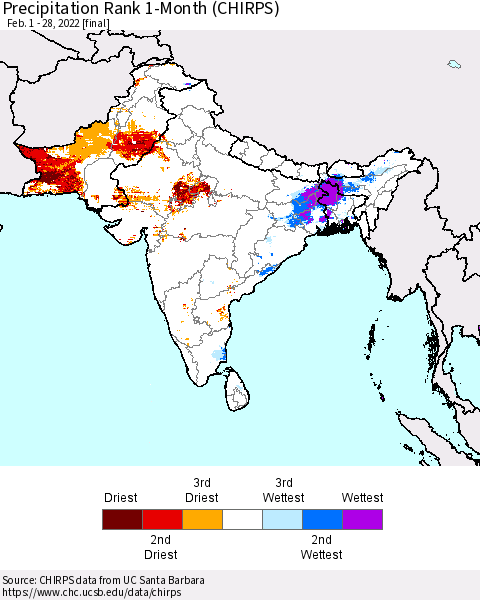 Southern Asia Precipitation Rank since 1981, 1-Month (CHIRPS) Thematic Map For 2/1/2022 - 2/28/2022