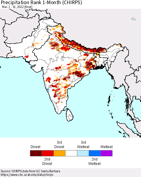 Southern Asia Precipitation Rank since 1981, 1-Month (CHIRPS) Thematic Map For 3/1/2022 - 3/31/2022