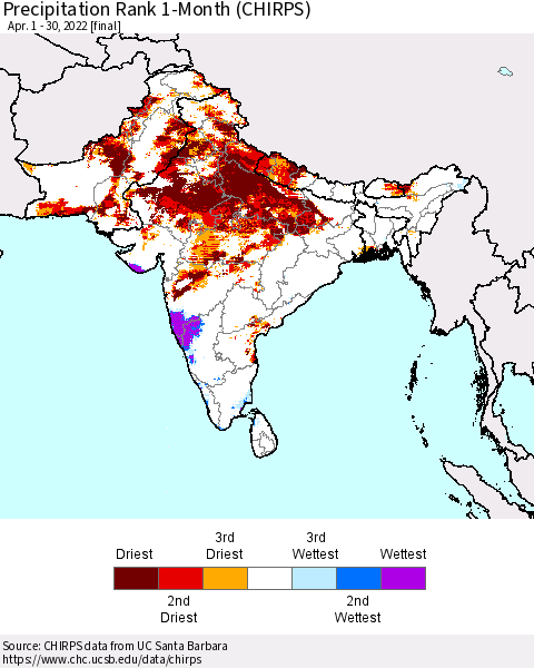 Southern Asia Precipitation Rank since 1981, 1-Month (CHIRPS) Thematic Map For 4/1/2022 - 4/30/2022