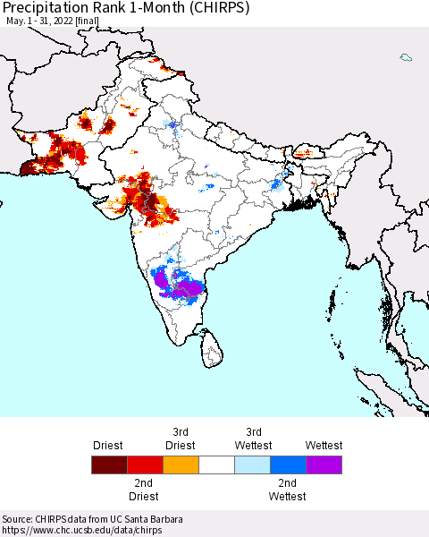 Southern Asia Precipitation Rank since 1981, 1-Month (CHIRPS) Thematic Map For 5/1/2022 - 5/31/2022