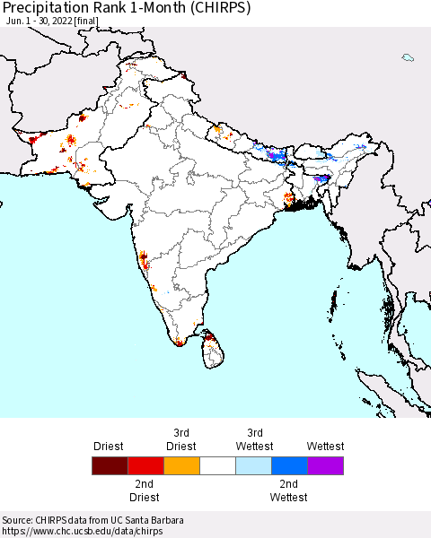 Southern Asia Precipitation Rank 1-Month (CHIRPS) Thematic Map For 6/1/2022 - 6/30/2022