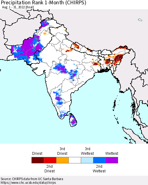 Southern Asia Precipitation Rank since 1981, 1-Month (CHIRPS) Thematic Map For 8/1/2022 - 8/31/2022