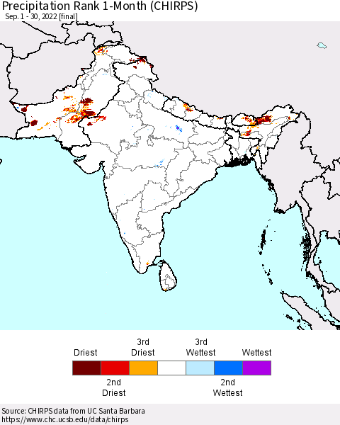 Southern Asia Precipitation Rank since 1981, 1-Month (CHIRPS) Thematic Map For 9/1/2022 - 9/30/2022