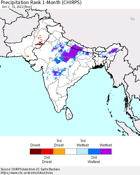 Southern Asia Precipitation Rank 1-Month (CHIRPS) Thematic Map For 10/1/2022 - 10/31/2022