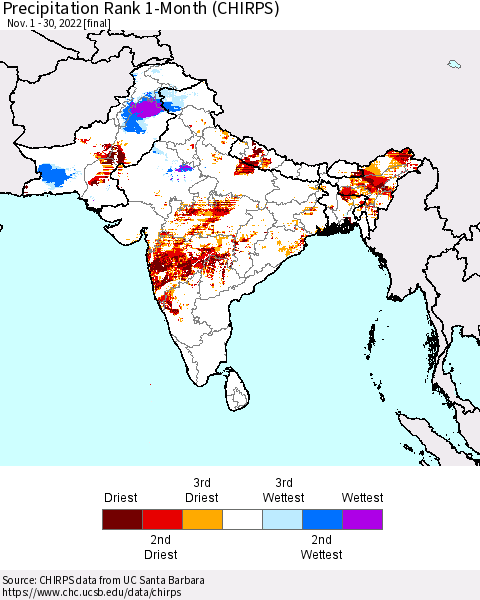 Southern Asia Precipitation Rank 1-Month (CHIRPS) Thematic Map For 11/1/2022 - 11/30/2022