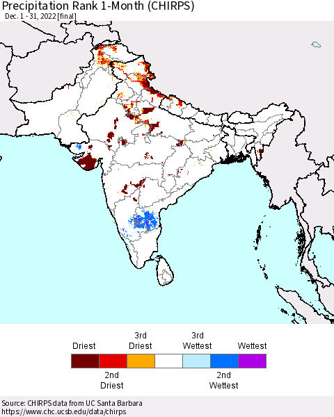 Southern Asia Precipitation Rank 1-Month (CHIRPS) Thematic Map For 12/1/2022 - 12/31/2022