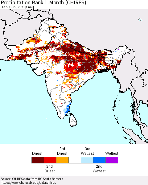 Southern Asia Precipitation Rank since 1981, 1-Month (CHIRPS) Thematic Map For 2/1/2023 - 2/28/2023