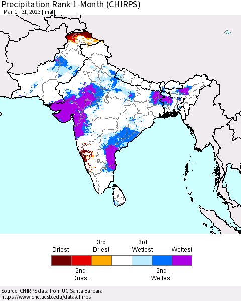 Southern Asia Precipitation Rank since 1981, 1-Month (CHIRPS) Thematic Map For 3/1/2023 - 3/31/2023