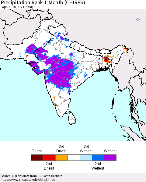Southern Asia Precipitation Rank since 1981, 1-Month (CHIRPS) Thematic Map For 4/1/2023 - 4/30/2023