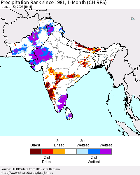 Southern Asia Precipitation Rank since 1981, 1-Month (CHIRPS) Thematic Map For 6/1/2023 - 6/30/2023