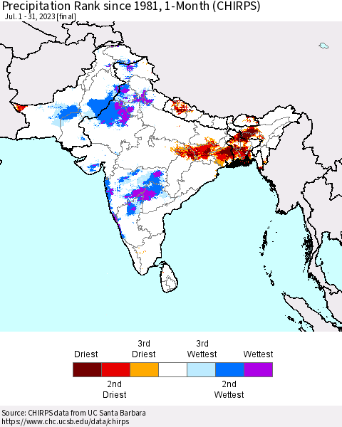 Southern Asia Precipitation Rank since 1981, 1-Month (CHIRPS) Thematic Map For 7/1/2023 - 7/31/2023