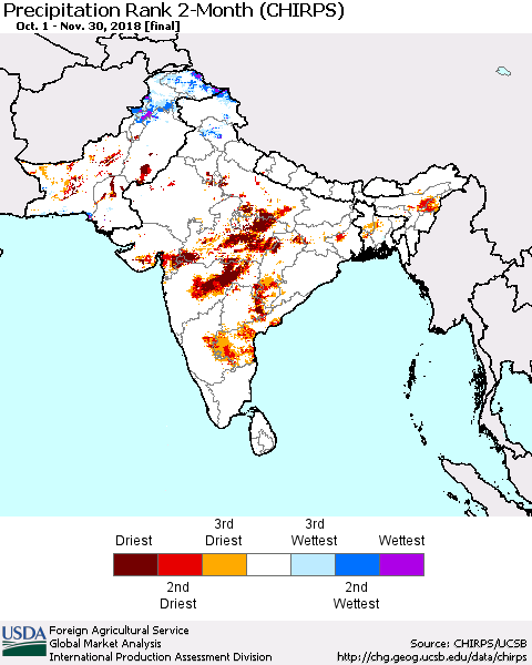 Southern Asia Precipitation Rank since 1981, 2-Month (CHIRPS) Thematic Map For 10/1/2018 - 11/30/2018
