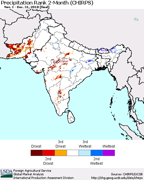 Southern Asia Precipitation Rank 2-Month (CHIRPS) Thematic Map For 11/1/2018 - 12/31/2018
