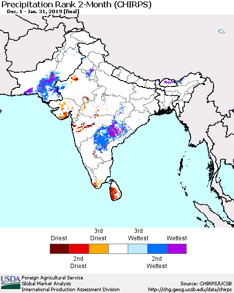 Southern Asia Precipitation Rank 2-Month (CHIRPS) Thematic Map For 12/1/2018 - 1/31/2019
