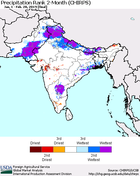 Southern Asia Precipitation Rank 2-Month (CHIRPS) Thematic Map For 1/1/2019 - 2/28/2019