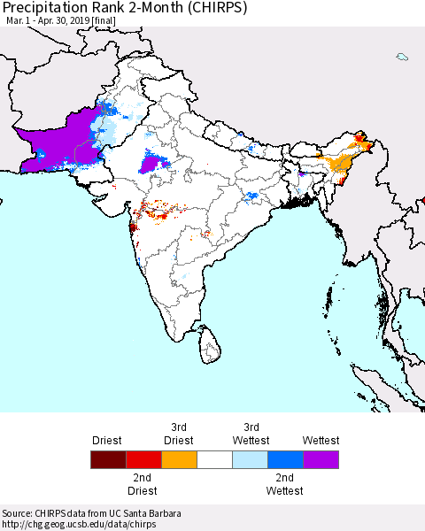Southern Asia Precipitation Rank since 1981, 2-Month (CHIRPS) Thematic Map For 3/1/2019 - 4/30/2019