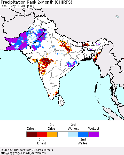 Southern Asia Precipitation Rank 2-Month (CHIRPS) Thematic Map For 4/1/2019 - 5/31/2019
