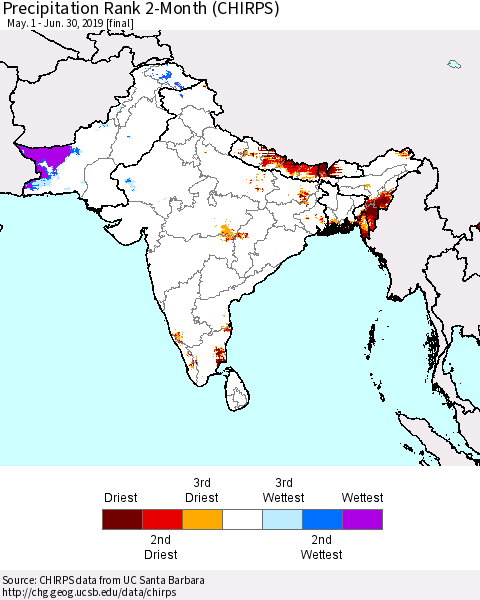 Southern Asia Precipitation Rank since 1981, 2-Month (CHIRPS) Thematic Map For 5/1/2019 - 6/30/2019