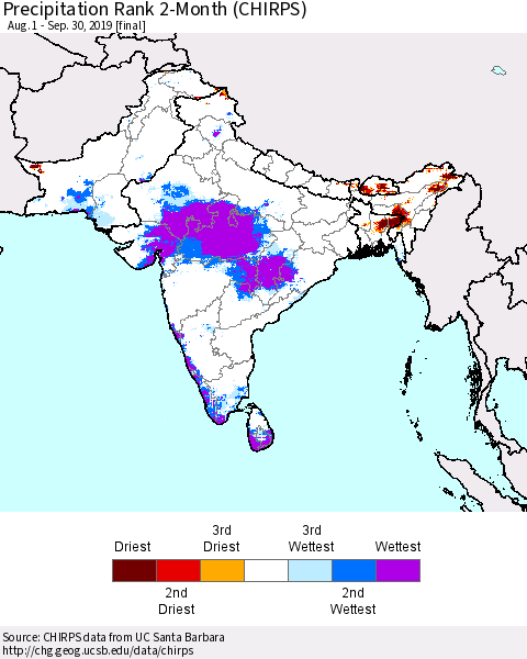 Southern Asia Precipitation Rank since 1981, 2-Month (CHIRPS) Thematic Map For 8/1/2019 - 9/30/2019