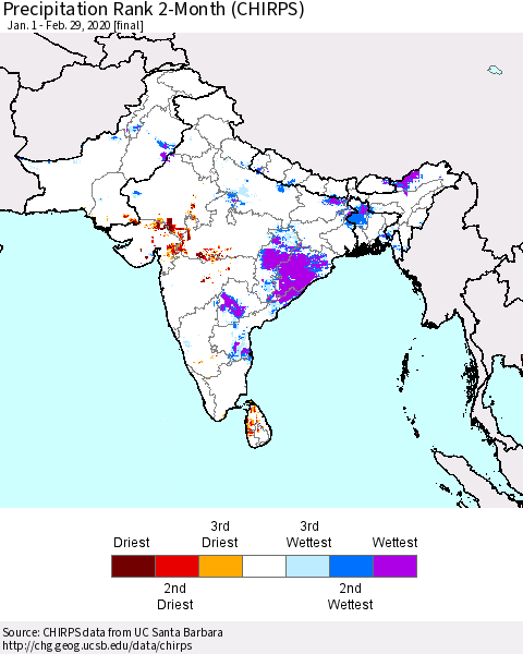 Southern Asia Precipitation Rank since 1981, 2-Month (CHIRPS) Thematic Map For 1/1/2020 - 2/29/2020