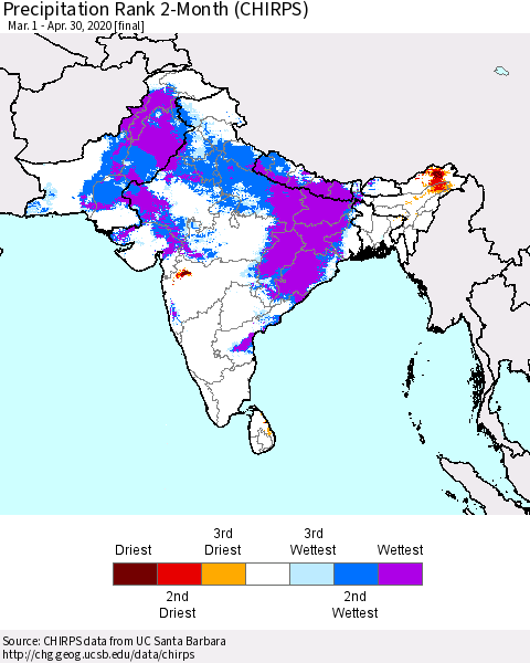 Southern Asia Precipitation Rank 2-Month (CHIRPS) Thematic Map For 3/1/2020 - 4/30/2020