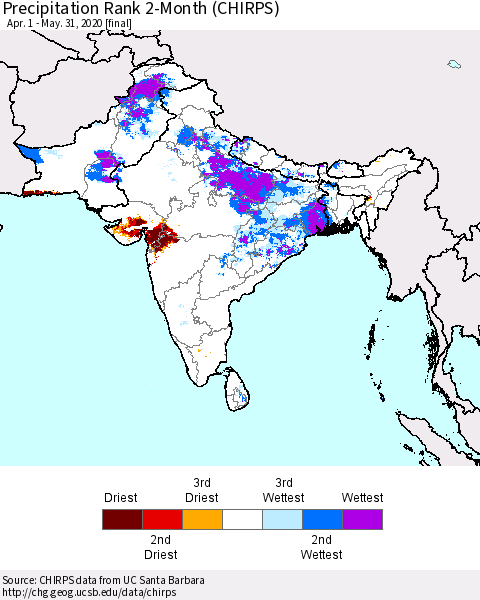 Southern Asia Precipitation Rank since 1981, 2-Month (CHIRPS) Thematic Map For 4/1/2020 - 5/31/2020